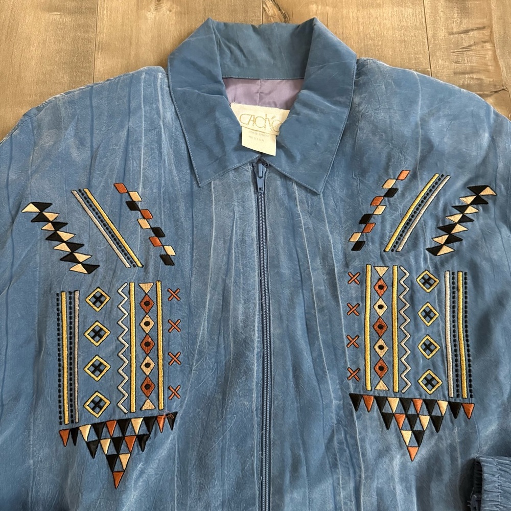 Vintage Cache Jacket  Full Zip Embroider W Med Blue Metallic USA Geometric Aztec
